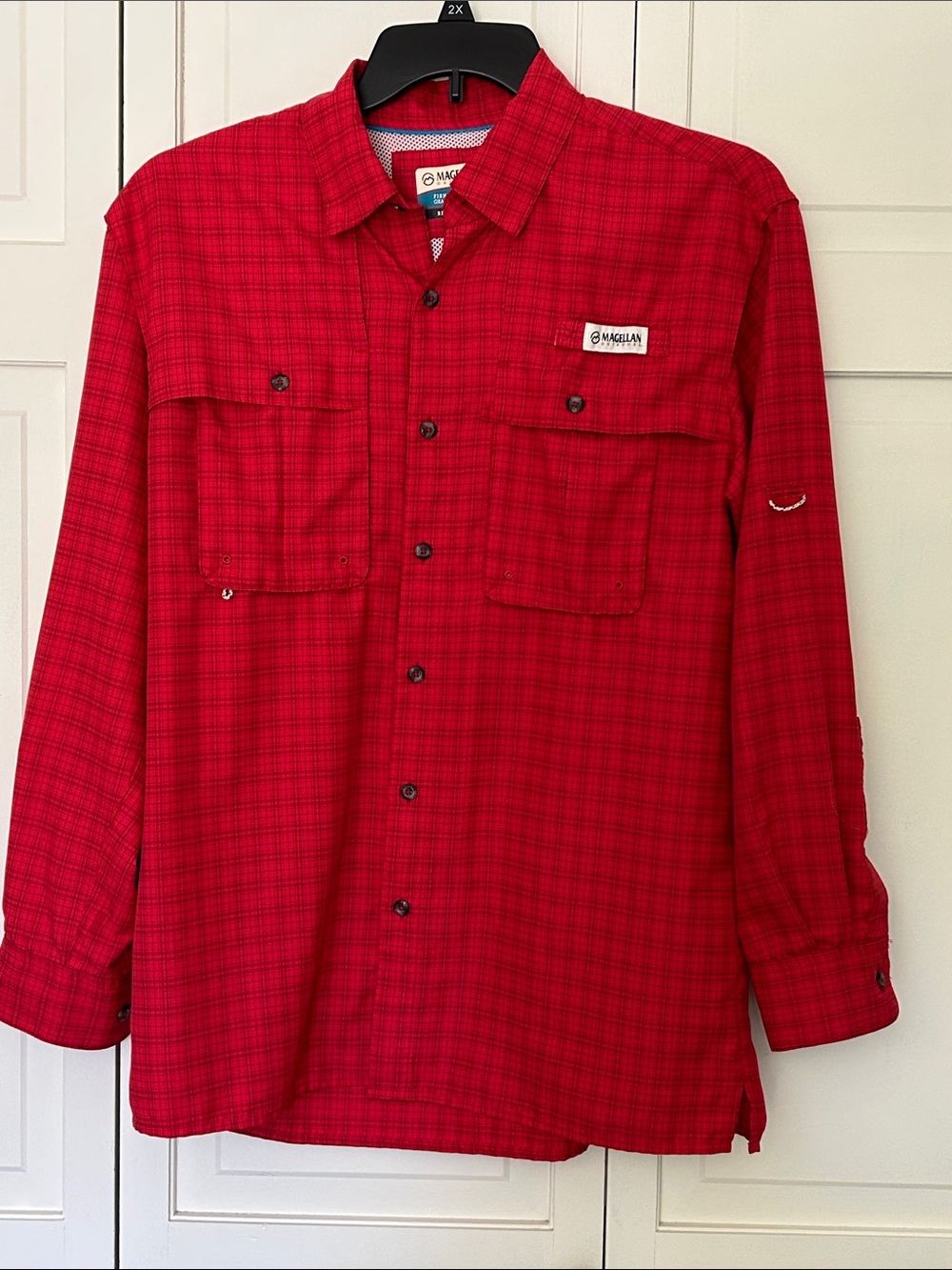 Magellan Outdoors Men’s Red Plaid Long-Sleeve Button-Down Shirt